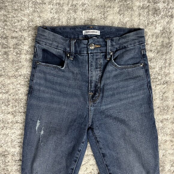 Good American Jeans 2/26 Good Waist Denim Blue Stretch Distressed Raw Hem Skinny - Picture 3 of 12